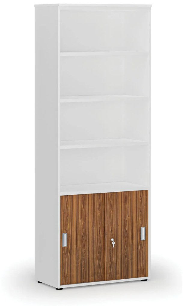 Kombinovaná kancelárska skriňa PRIMO WHITE, zasúvacie dvere na 2 poschodia, 2128 x 800 x 420 mm, biela/orech