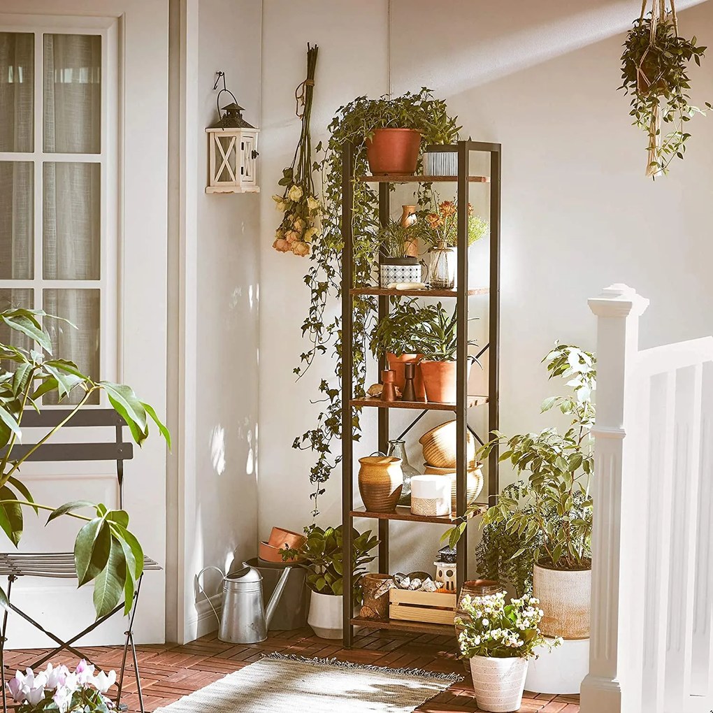 Regál na knihy, 5-úrovňový úložný regál s oceľovým rámom, rustikálny hnedý a čierny