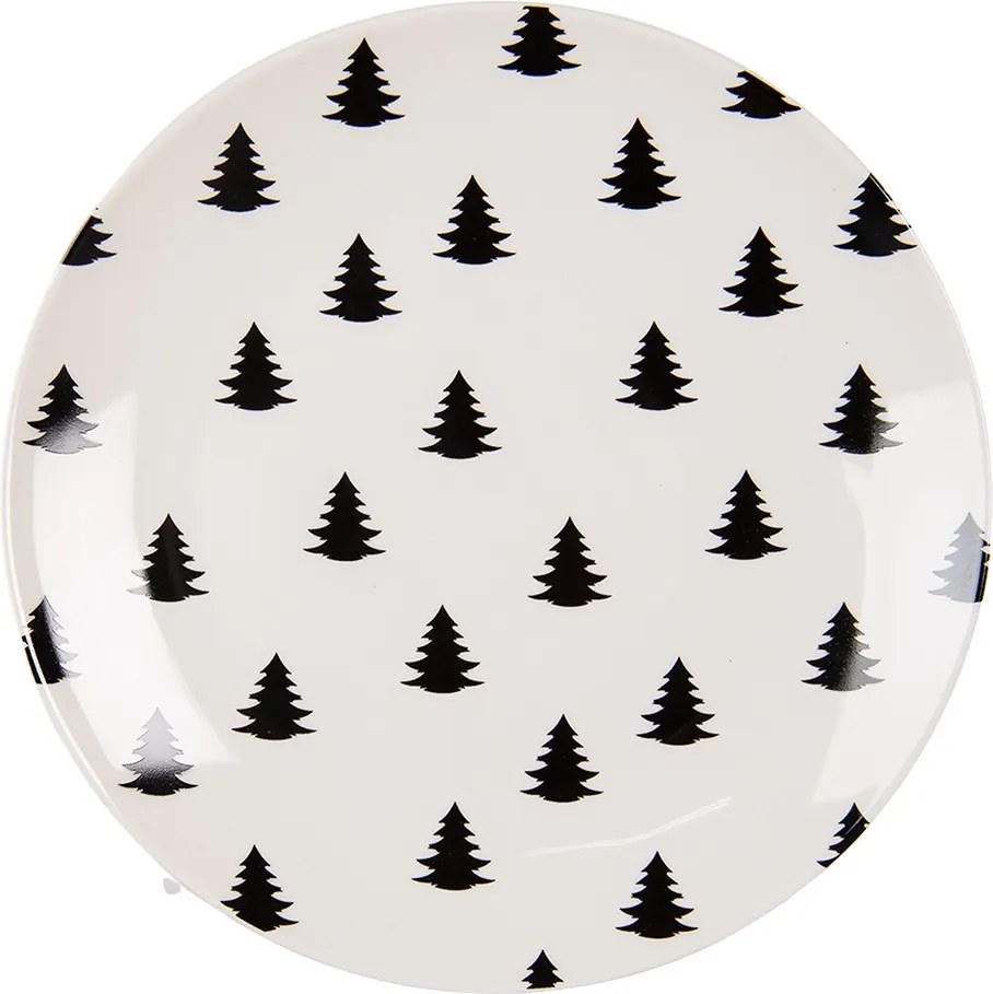 Bielo-čierny porcelánový dezertný tanier so stromčekmi Black&White X-Mas - Ø 20*2 cm