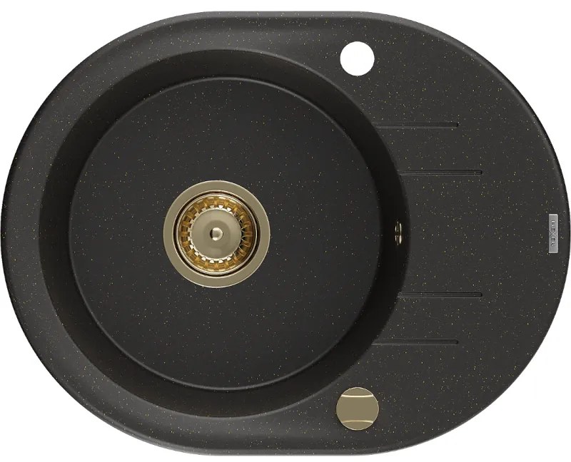 Mexen Kevin, granitový drez 586x458x190 mm, 1-komorový, čierna-zlatá metalíza so zlatým sifónom, 6517581005-75-G