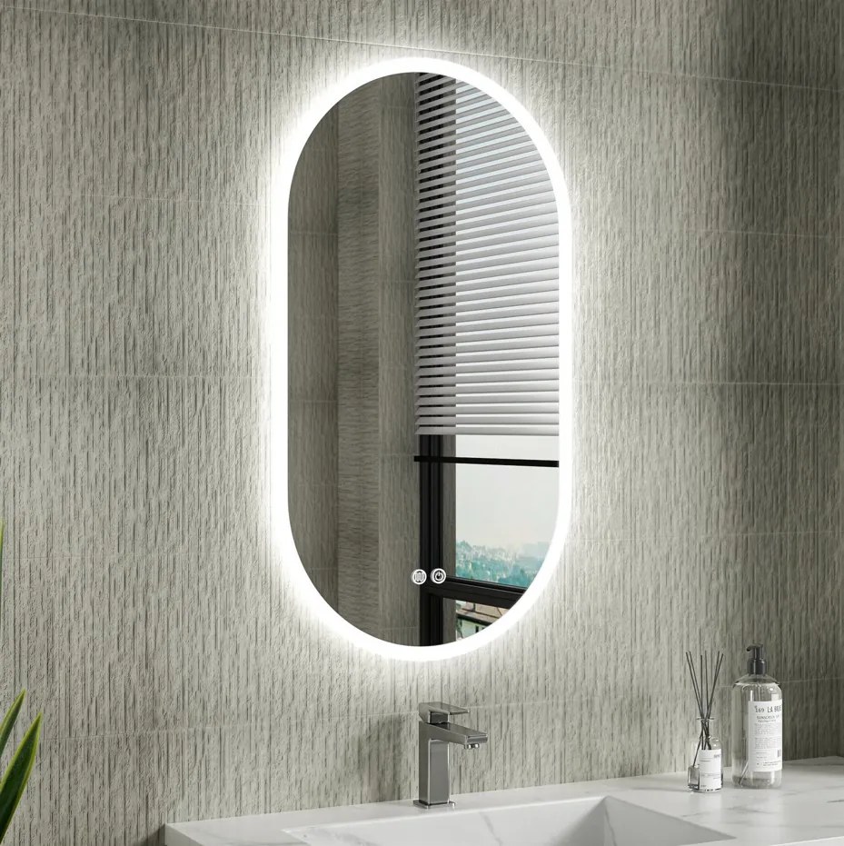 Erga Demi, oválne LED zrkadlo 50x90cm, 3 farby svetla, predné osvetlenie, vyhrievacia podložka proti zapareniu, ERG-V01-DEMI-5090-CL