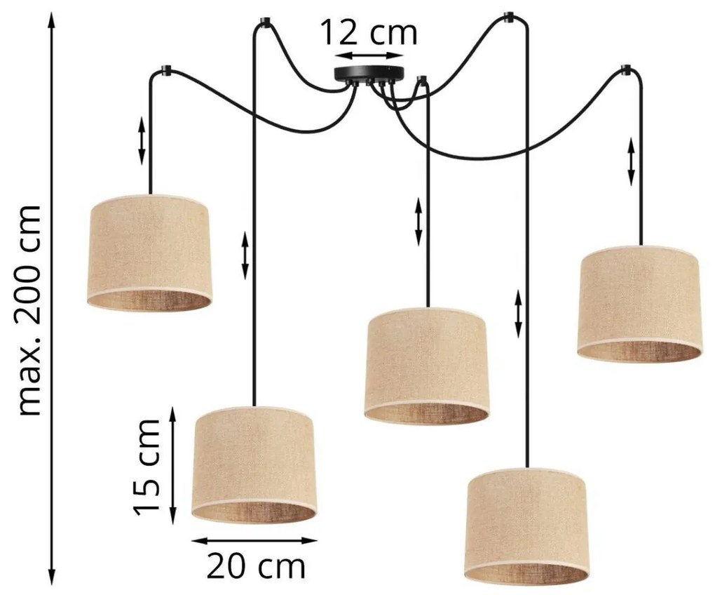 Závesné svietidlo Juta Spider, 5x jutové textilné tienidlo, (výber z 2 farieb konštrukcie), (fi 20cm)