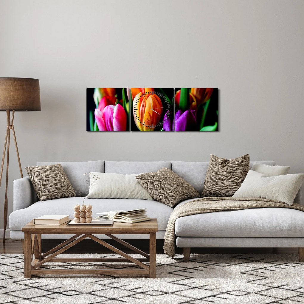 Obraz tulipánov na čiernom pozadí (s hodinami) (90x30 cm)
