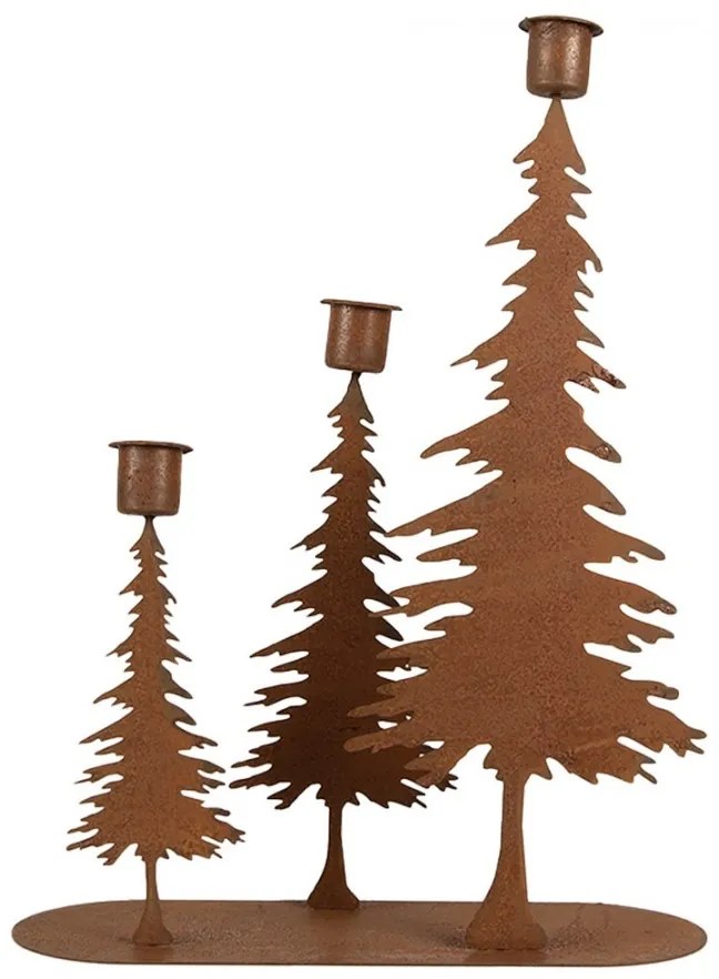 Hrdzavý kovový vianočný svietnik so stromčekmi na úzke sviečky - 14*14*26 cm