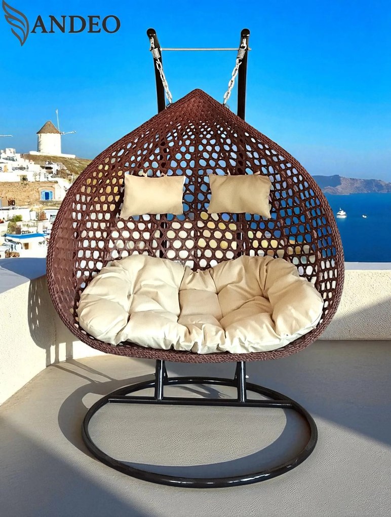 Závesné hojdacie dvojkreslo FLORENCIA EXTRA nosnosť 250kg - hnedé s béžovými vankúšmi