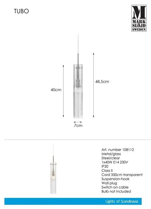 Závesné svietidlo v striebornej farbe so skleneným tienidlom Tubo – Markslöjd
