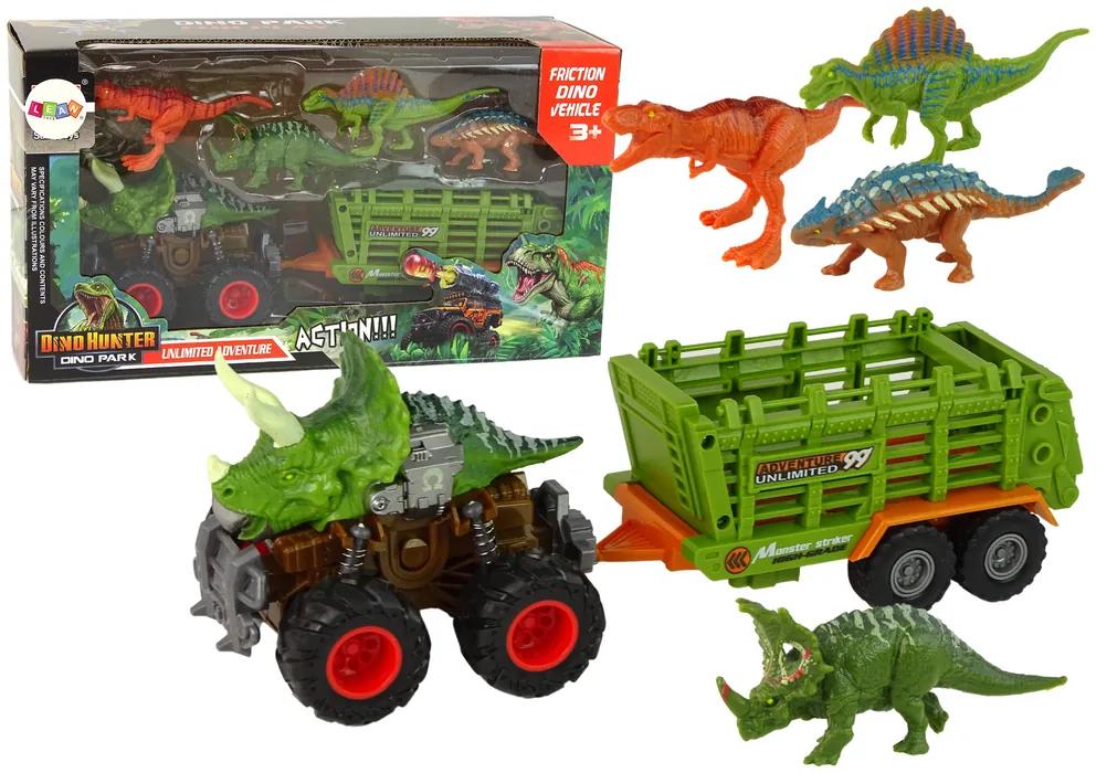 Lean Toys Vozidlo s prívesom a motívom Dinosaura - 4 kusy dinosaura
