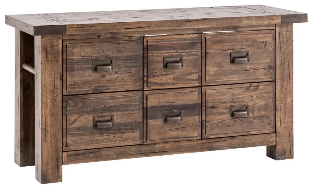 furniture-nabytek.cz - Produktový názov v slovenčine by mohol znieť: Masívna skrinka pod umývadlo Cancún z recyklovanej borovice, lakovaná, hnedá.