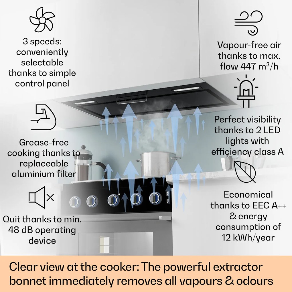 Klarstein Camila, vstavaný digestor, 70 cm, 397 m³/h, LED, dotyková plocha, nehrdzavejúca oceľ