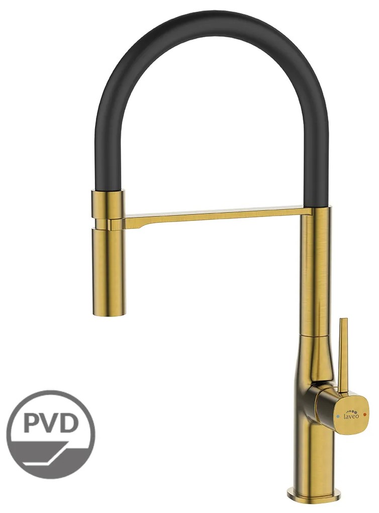 Laveo Pola, vysoká drezová batéria s výlevkou v tvare U, čierna-zlatá matná, LAV-BAP_G78B