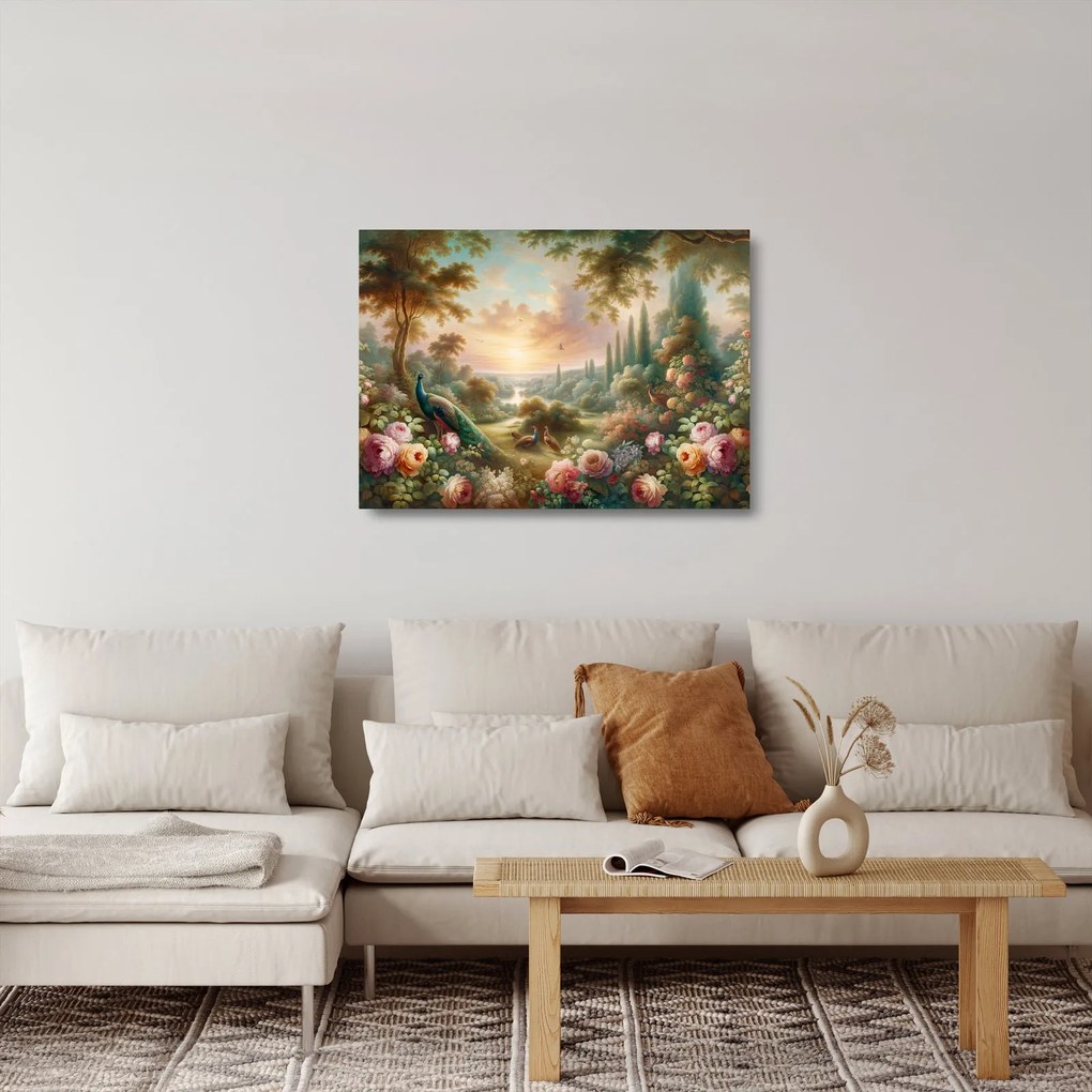 Sklenený obraz - Pávy v záhrade (70x50 cm)