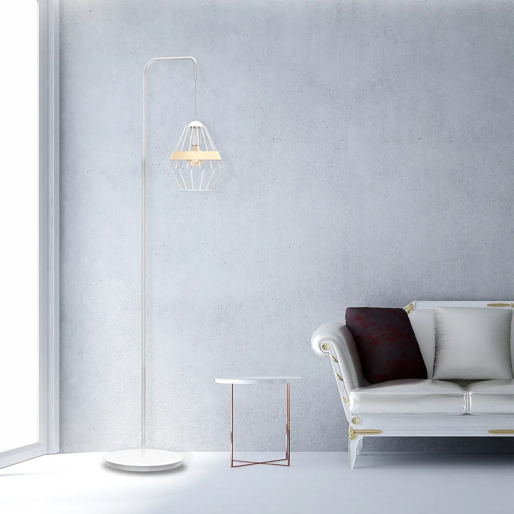 Stojacia lampa Cliff, 1x drevené/biele drôtené tienidlo, w