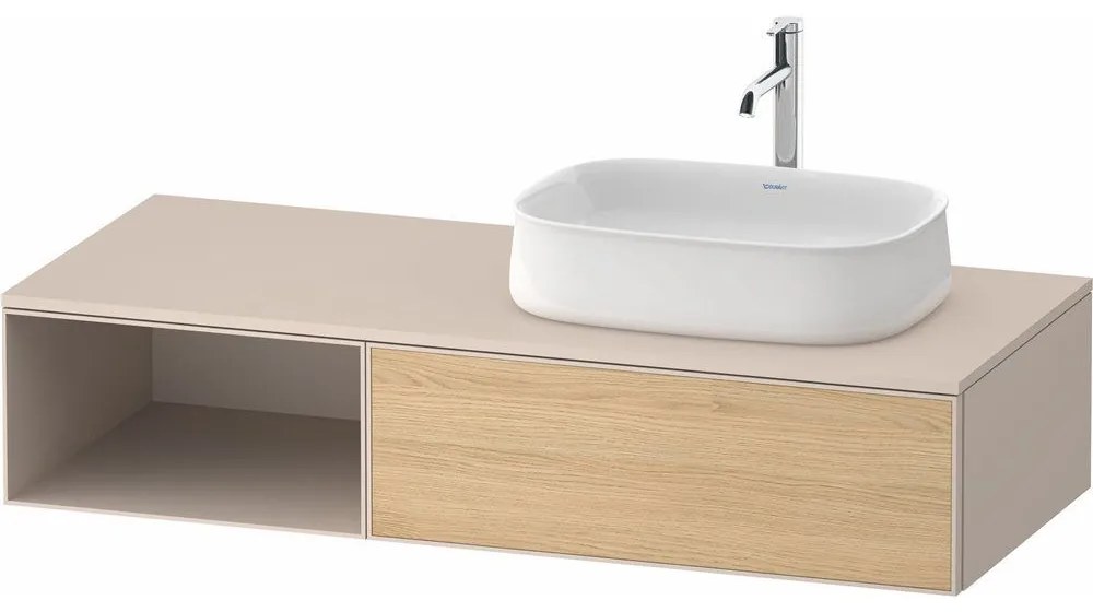 DURAVIT Zencha závesná skrinka pod umývadlo na dosku (umývadlo vpravo), 1 zásuvka + 1 otvorená priehradka, 1300 x 550 x 281 mm, dub prírodný/taupe super matná, ZE4819030830000