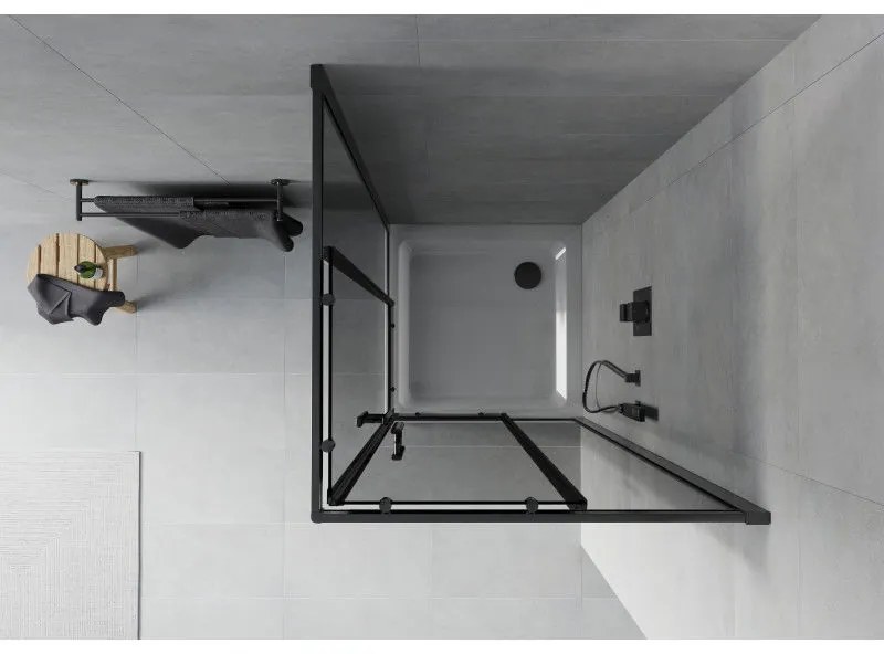 Mexen Rio, štvorcový sprchovací kút s posuvnými dverami 80(dvere) x 80(dvere) x 190 cm, 6mm šedé sklo, čierny profil + biela sprchová vanička SLIM, 860-080-080-70-40-4010B