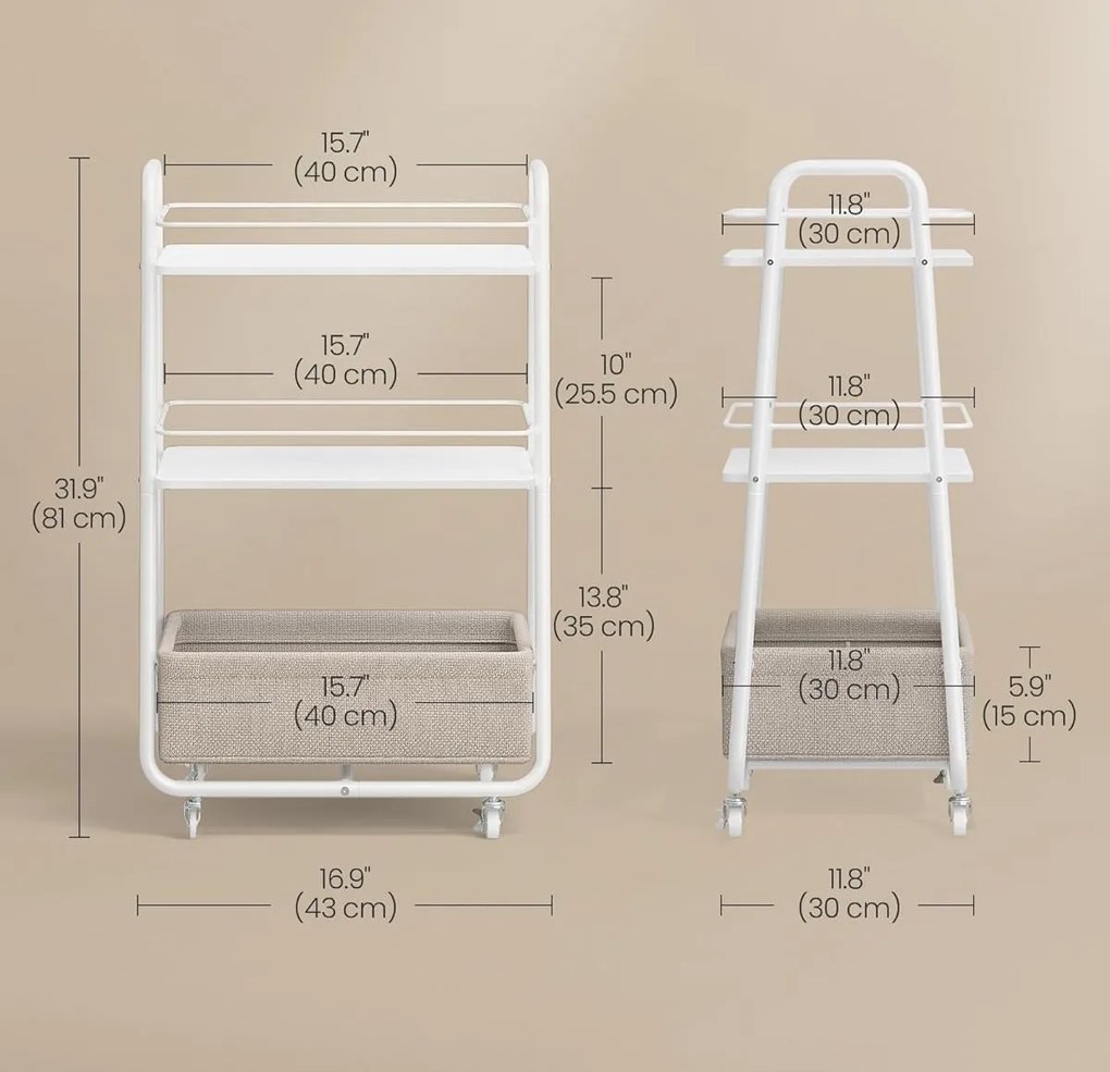 Pojazdný regál Vasagle Lilea s látkovým košom 40 cm biely/hnedý