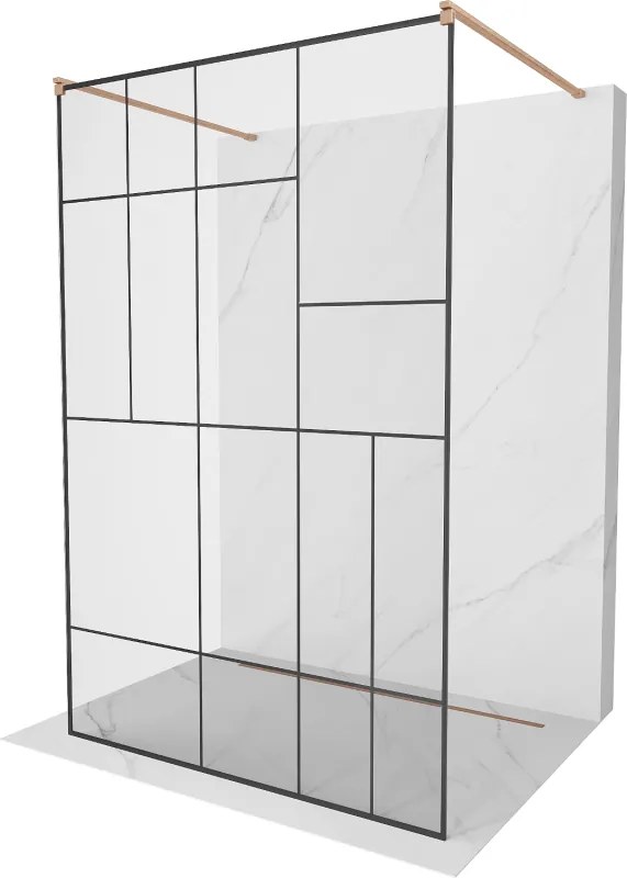 Mexen Kioto, sprchová zástena Walk-In 110 x 200 cm, 8mm sklo čierny vzor, medený matný profil, 800-110-002-65-78