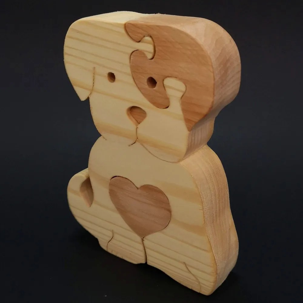AMADEA Drevené puzzle pes, masívne drevo dvoch druhov drevín, 11x15x3 cm