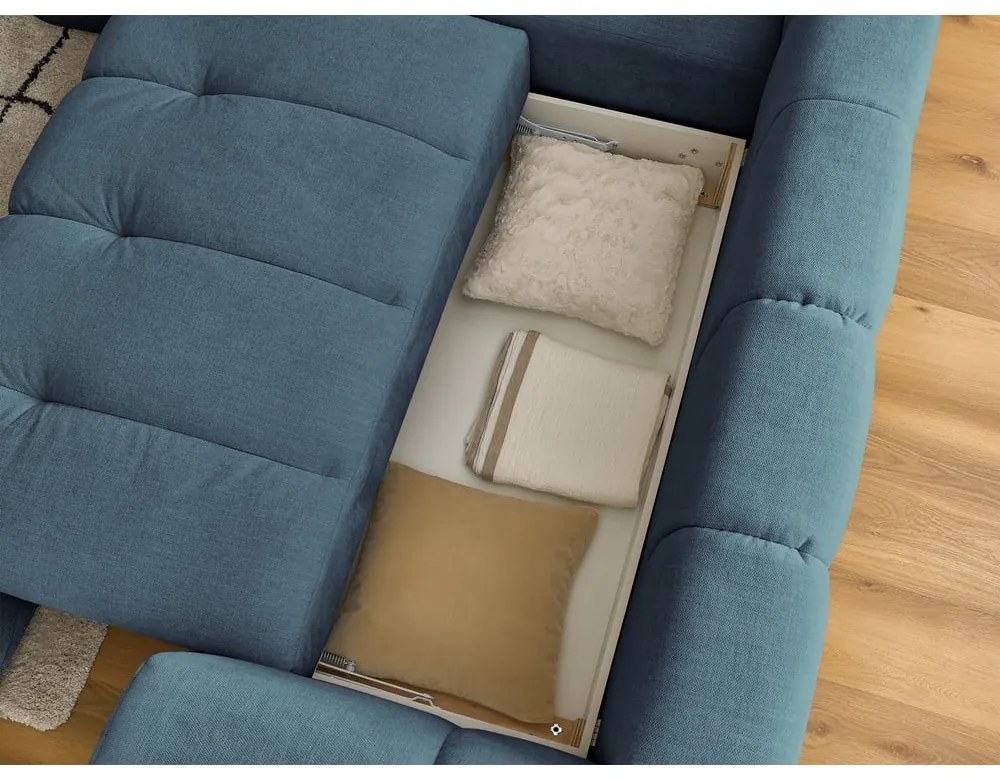 Modrá rozkladacia/s úložným priestorom rohová pohovka (ľavý roh/do L) Fuji – Bobochic Paris