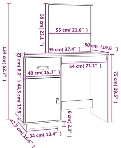 vidaXL Toaletný stolík čierny 95x50x134 cm masívne borovicové drevo-
