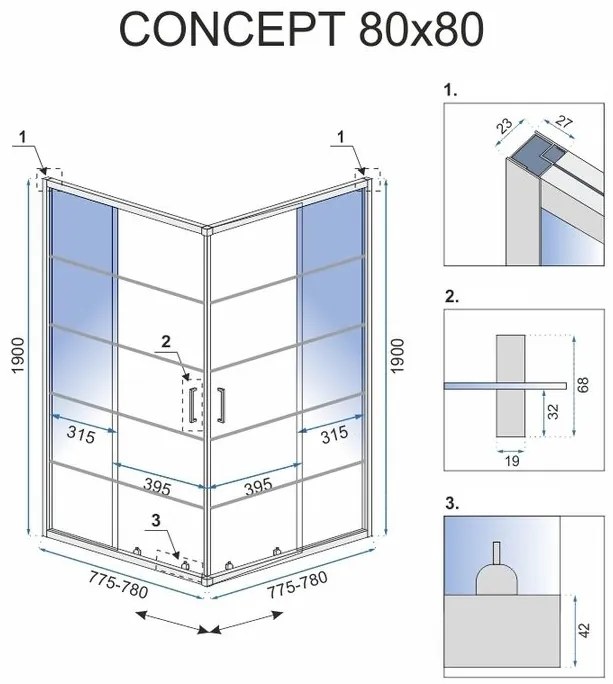 Rea Concept, sprchovací kút 80x80x190 cm, čierny profil + čierna sprchová vanička Savoy, KPL-K1004