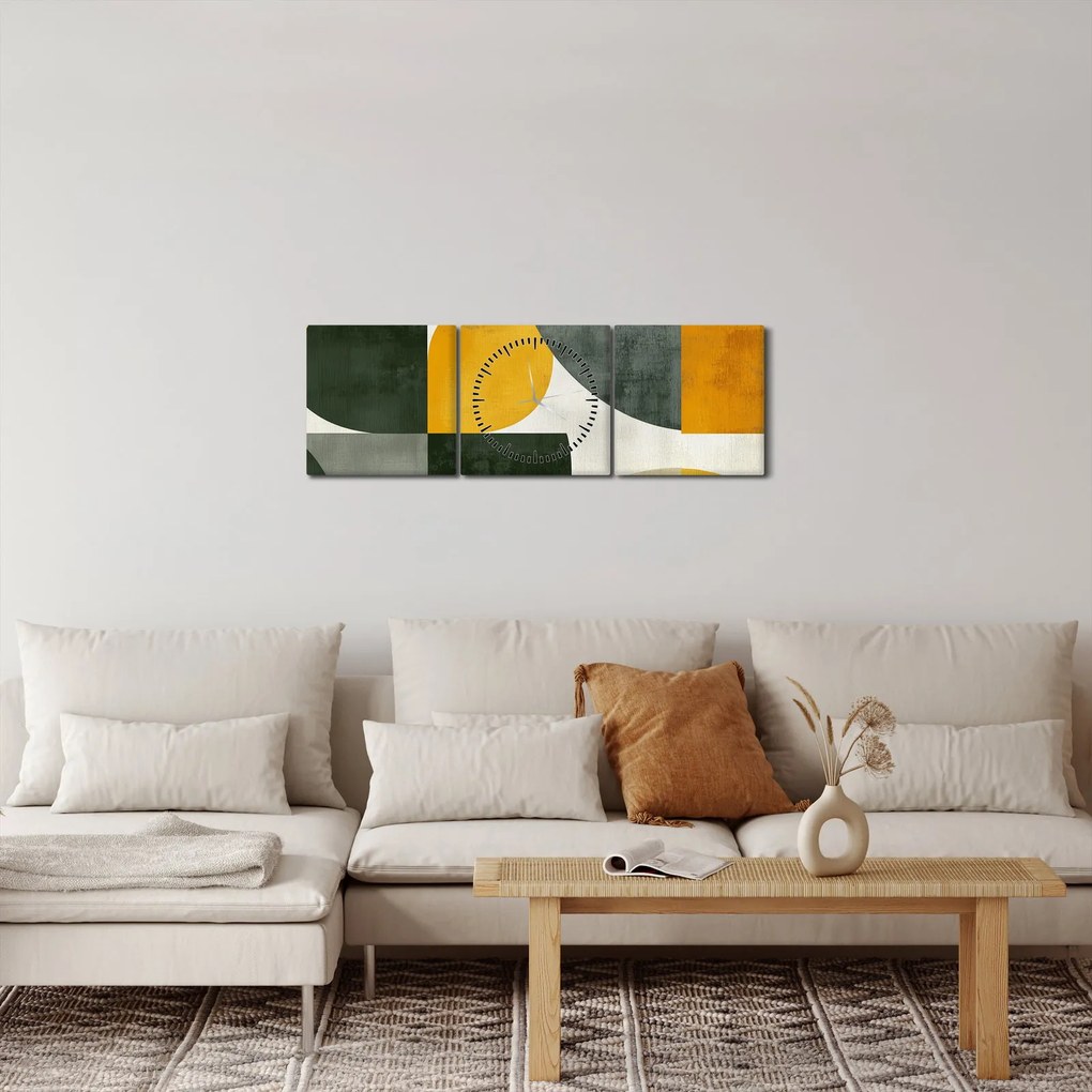 Obraz - Abstrakcia v olivovej farbe (s hodinami) (90x30 cm)