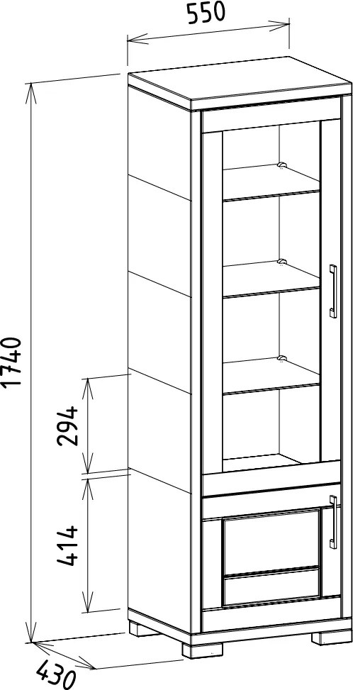 Úzka moderná vitrína s presklenými dvierkami, 55x43x174 cm Otváranie vľavo