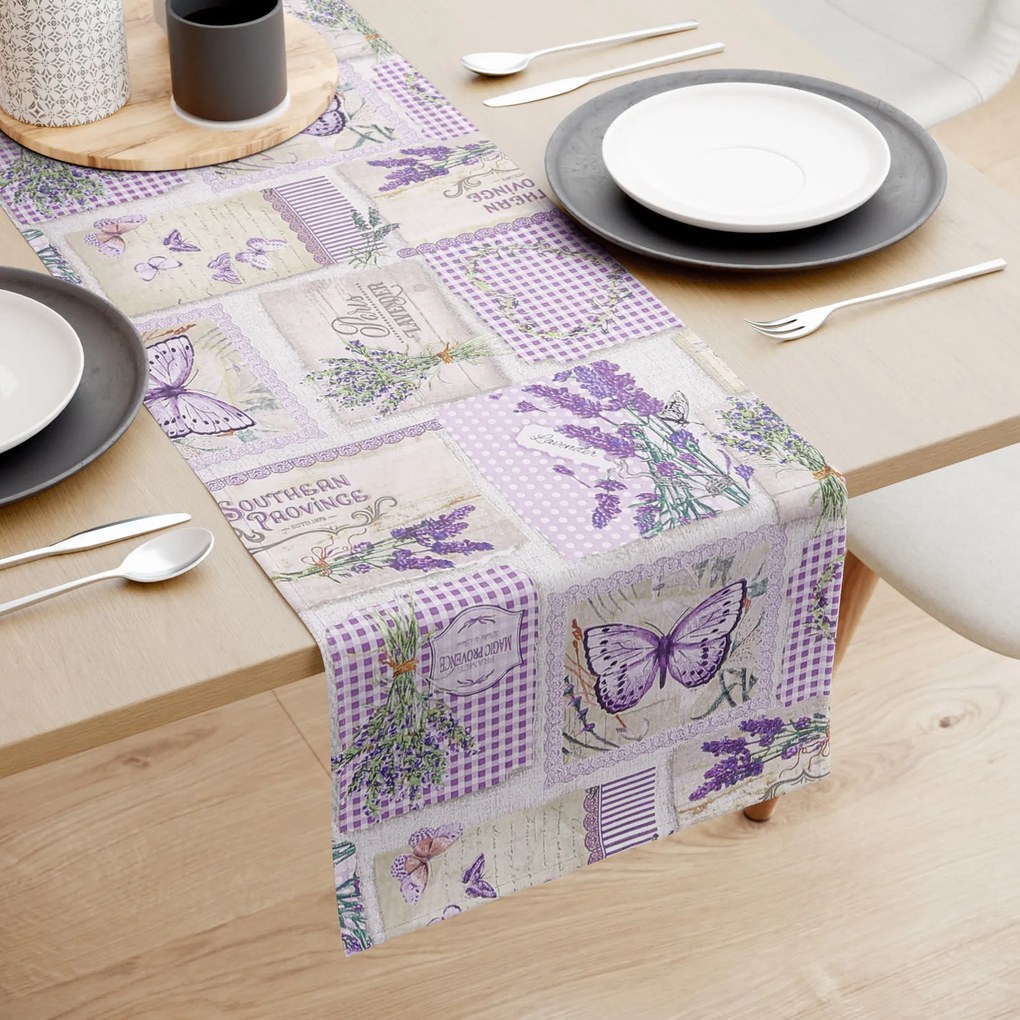 Goldea behúň na stôl 100% bavlnené plátno - patchwork levanduľou s motýľmi 20x120 cm