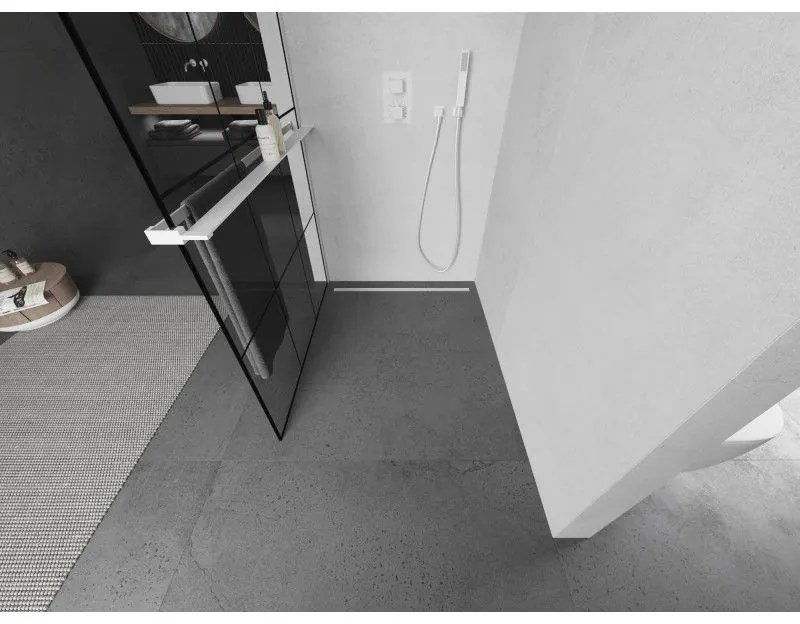 Mexen Kioto+ L, sprchová zástena Walk-In s poličkou a vešiakom 100 x 200 cm, 8mm číre sklo čierny vzor, biely profil, 800-100-123-20-77