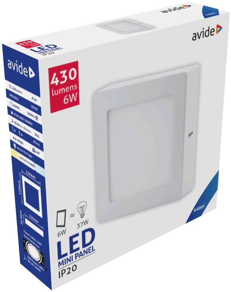 AVIDE Prisadený stropný LED panel, 6W, studená biela, 12x12cm, štvorec, biely