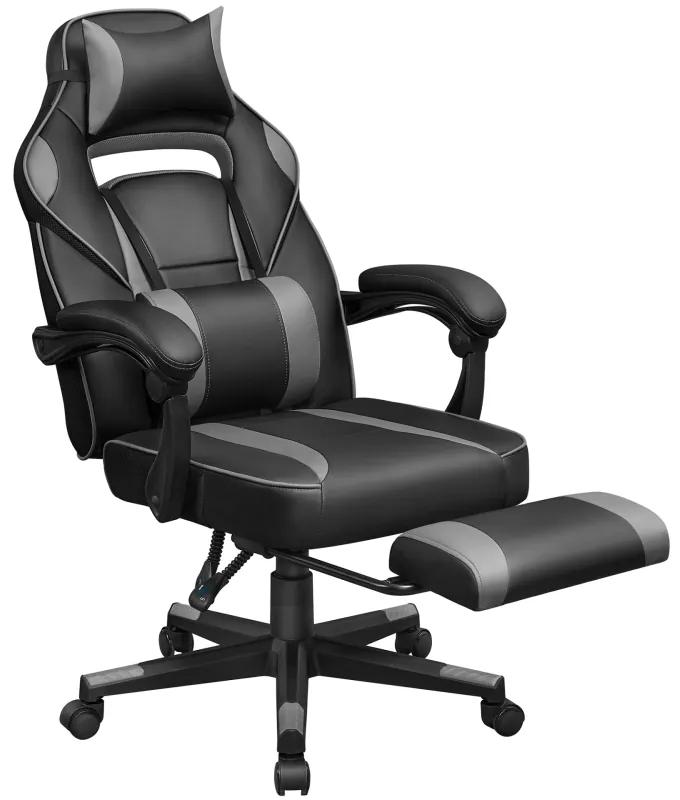 SONGMICS Herná stolička, nastaviteľná, ergonomická, bedrová a opierka hlavy, čierna, sivá