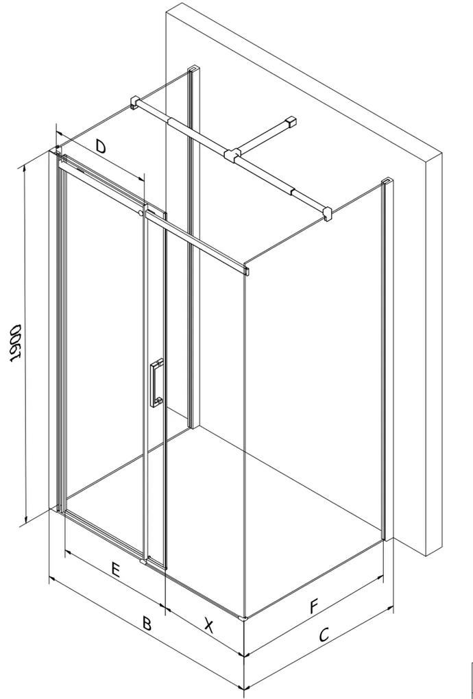 Mexen Omega, 3-stenový sprchovací kút s posuvnými dverami 120 (dvere) x 90 (stena) x 190 cm, 8mm číre sklo, chrómový profil + biela sprchová vanička SLIM, 825-120-090-01-00-3S-4010