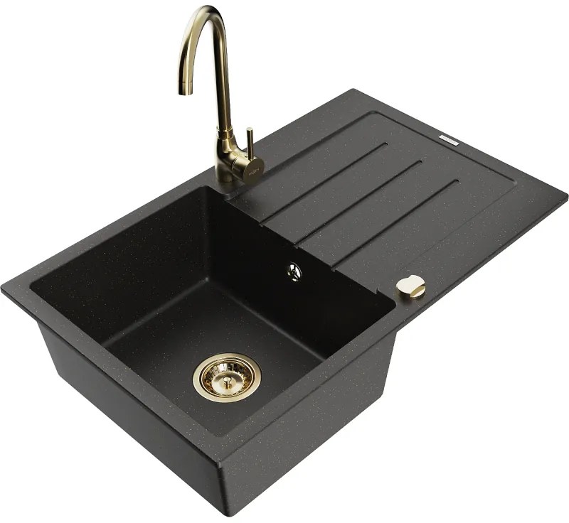 Mexen Bruno, 1-komorový granitový drez s odkvapkávačom 80x50 cm a kuchynskou batériou Telma, čierna-zlatá, 6513-75-670200-50