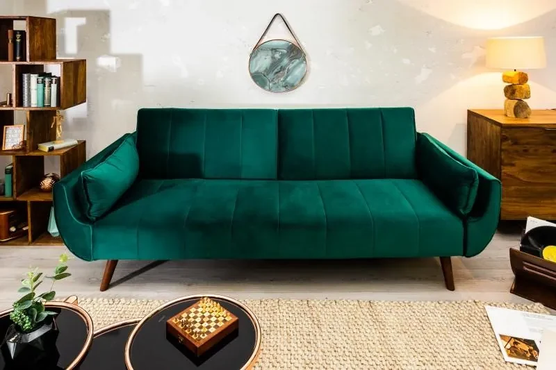 Invicta Interior - Retro rozkladacia pohovka DIVANI 215 cm smaragdovo zelená, zamat, 3-miestna