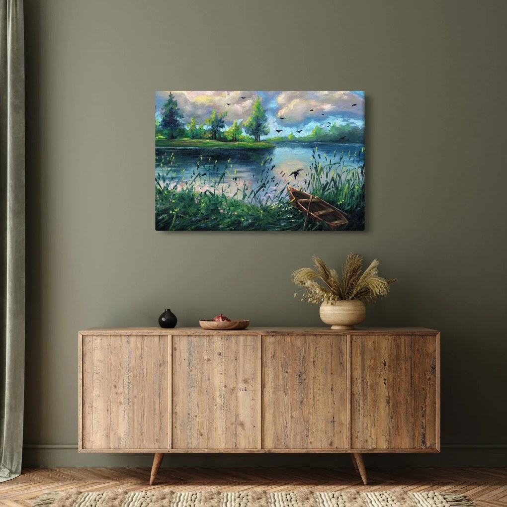 Obraz - Olejomaľba, Letný podvečer pri jazere (90x60 cm)