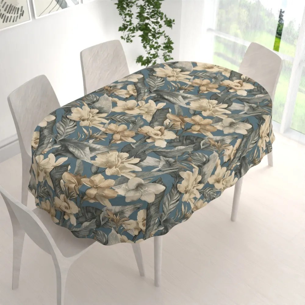 Biante Veľký dekoračný oválny obrus Porto PRT-005 Kvety a listy na tmavo modrom 160x220 cm