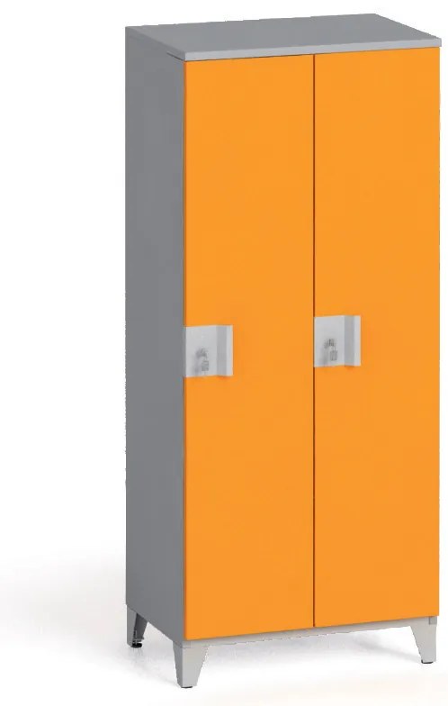 Šatníková skriňa, 2 oddiely, 1400 x 600 x 400 mm, demont, otočný zámok, sivá/oranžová