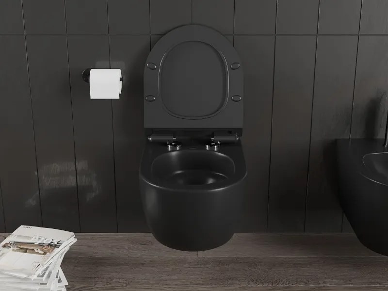 Mexen Carmen, závesná WC misa 490x365x340 mm, Rimless Tornádo + WC sedadlo z duroplastu, čierna matná, 30880185T