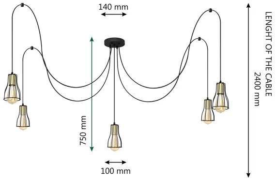 Luster na lanku TUBE LONG 5xE27/15W/230V čierna/zlatá