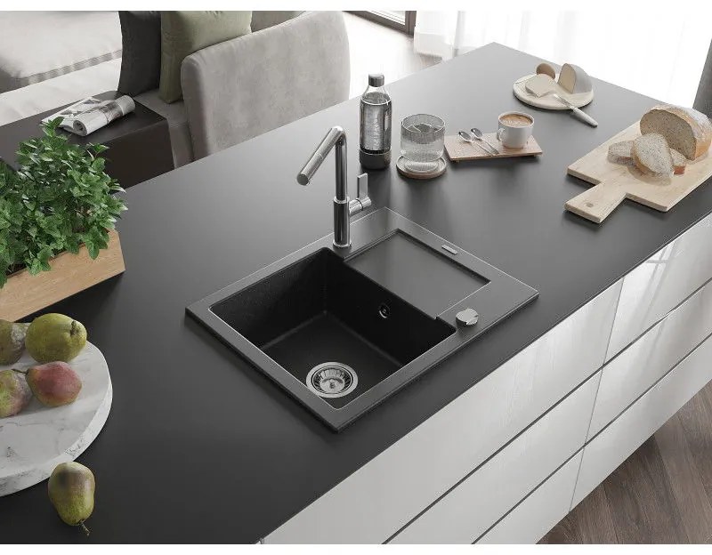 Mexen Enzo, 1-komorový granitový drez 576x465x174 mm a drezová batéria Flora, čierna-strieborná metalíza, 6506-73-670401-00