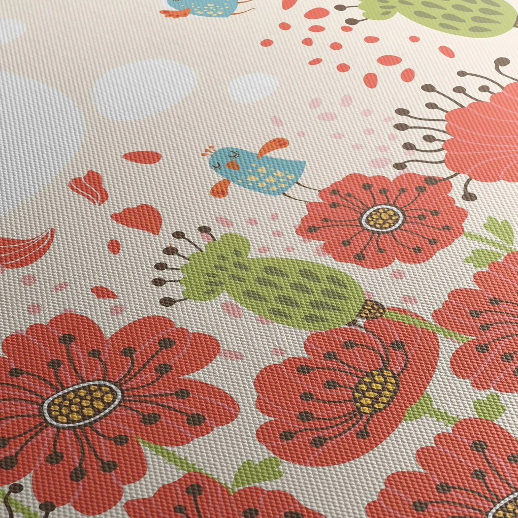 Obraz - Vtáčiky na rozkvitnutej lúke (s hodinami) (90x30 cm)