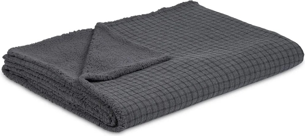 Obojstranný prehoz z mušelínu a umelej kožušiny grafitovo kockovaná 100x135 cm