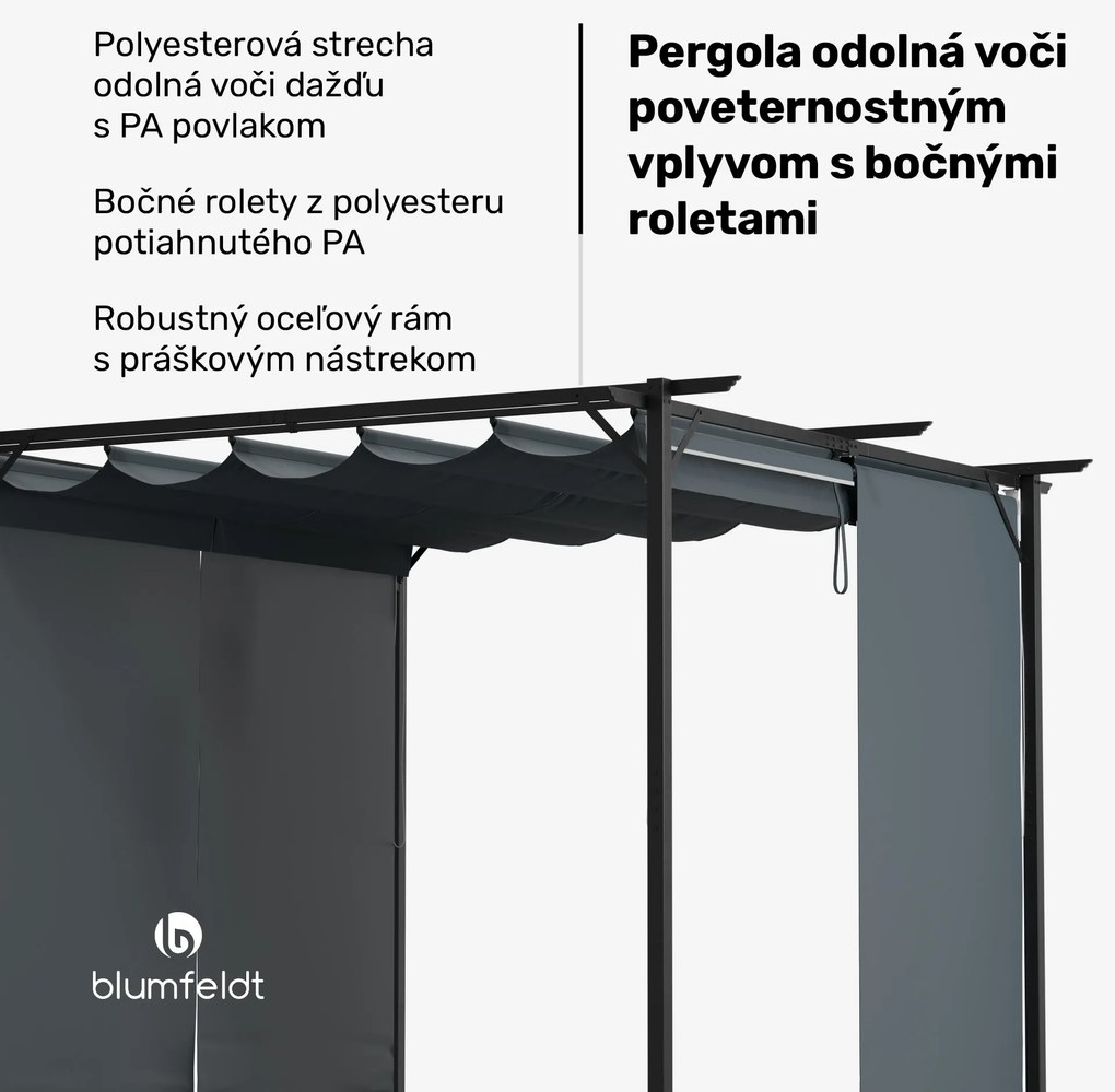 Blumfeldt Pantheon Robust Pergola 3x3 m, práškovo lakovaná oceľ, odolná voči poveternostným vplyvom, s bočnými roletami