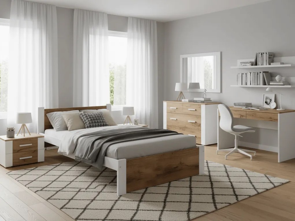 Posteľ IKAROS 90 x 200 cm, dub artisan/biela Rošt: S lamelovým roštom, Matrac: Matrac DELUXE 10 cm