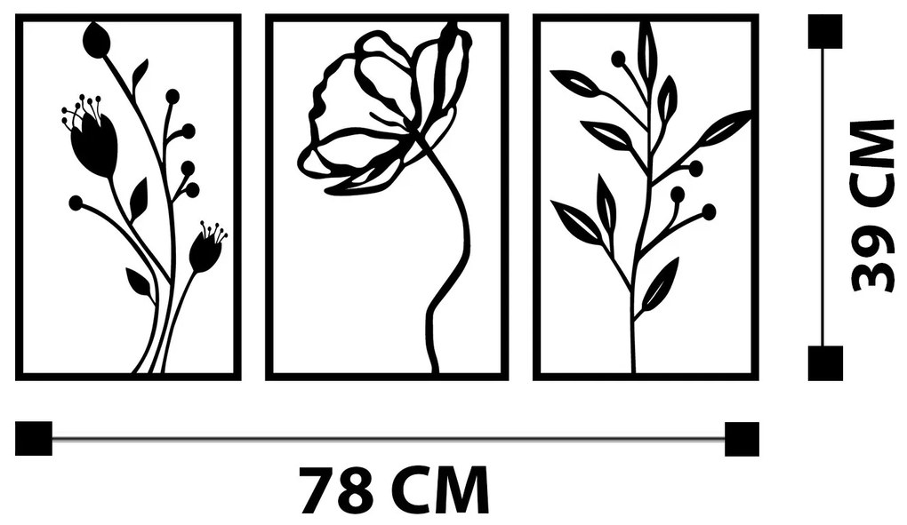 Nástenná kovová dekorácia Kvety čierna