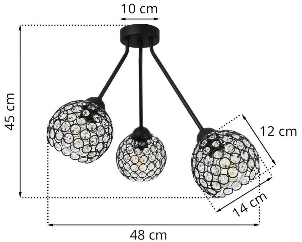 Stropné svietidlo Crystal Trio, 3x čierne krištáľové tienidlo