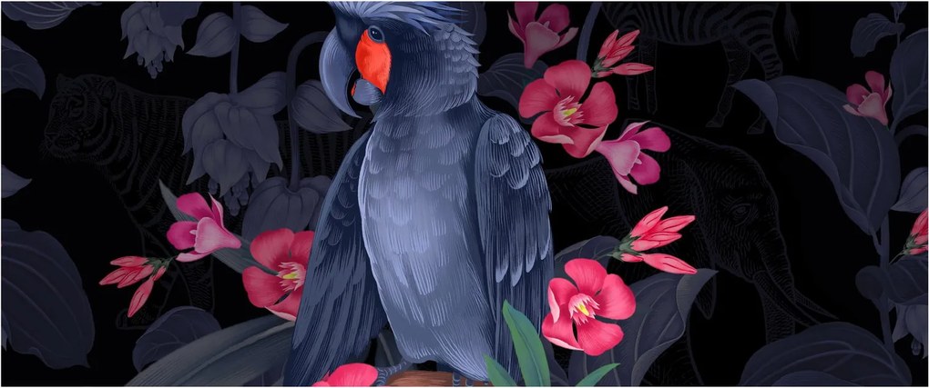 Obraz - Papagáj medzi kvetmi (120x50 cm)