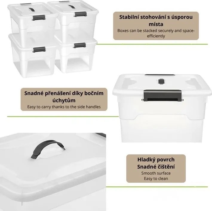 Sada 4 úložných boxov s viečkami, 30 l, plast, priehľadné