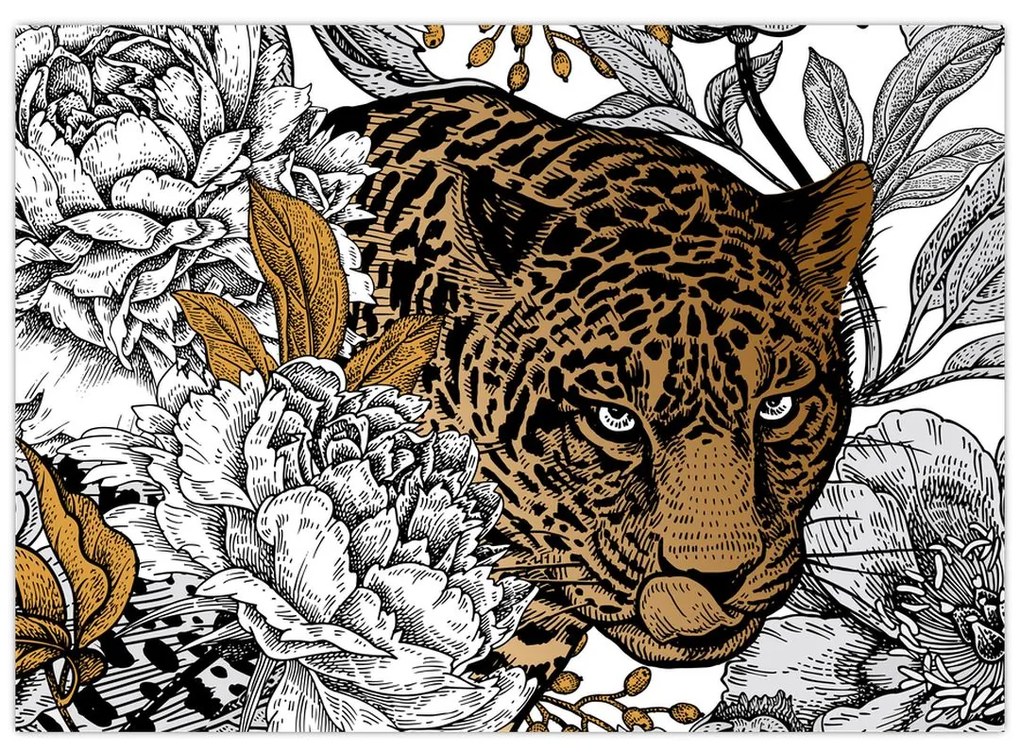 Sklenený obraz - Leopard medzi kvetmi (70x50 cm)
