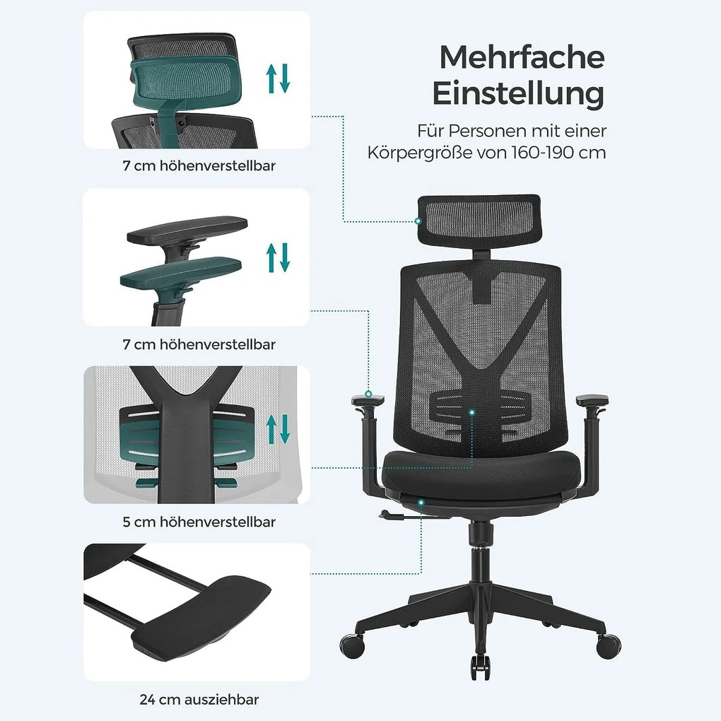 Ergonomická kancelárska stolička s podnožkou, max. nosnosť 150 kg, čierna