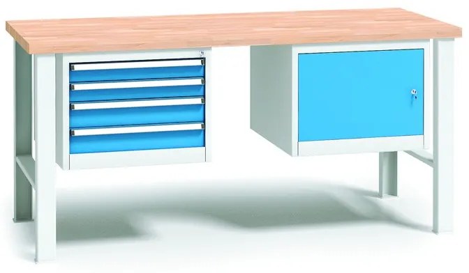 Pracovný stôl do dielne WL so závesným boxom a skrinkou na náradie, buková škárovka, 4 zásuvky, pevné kovové nohy, 2000 mm